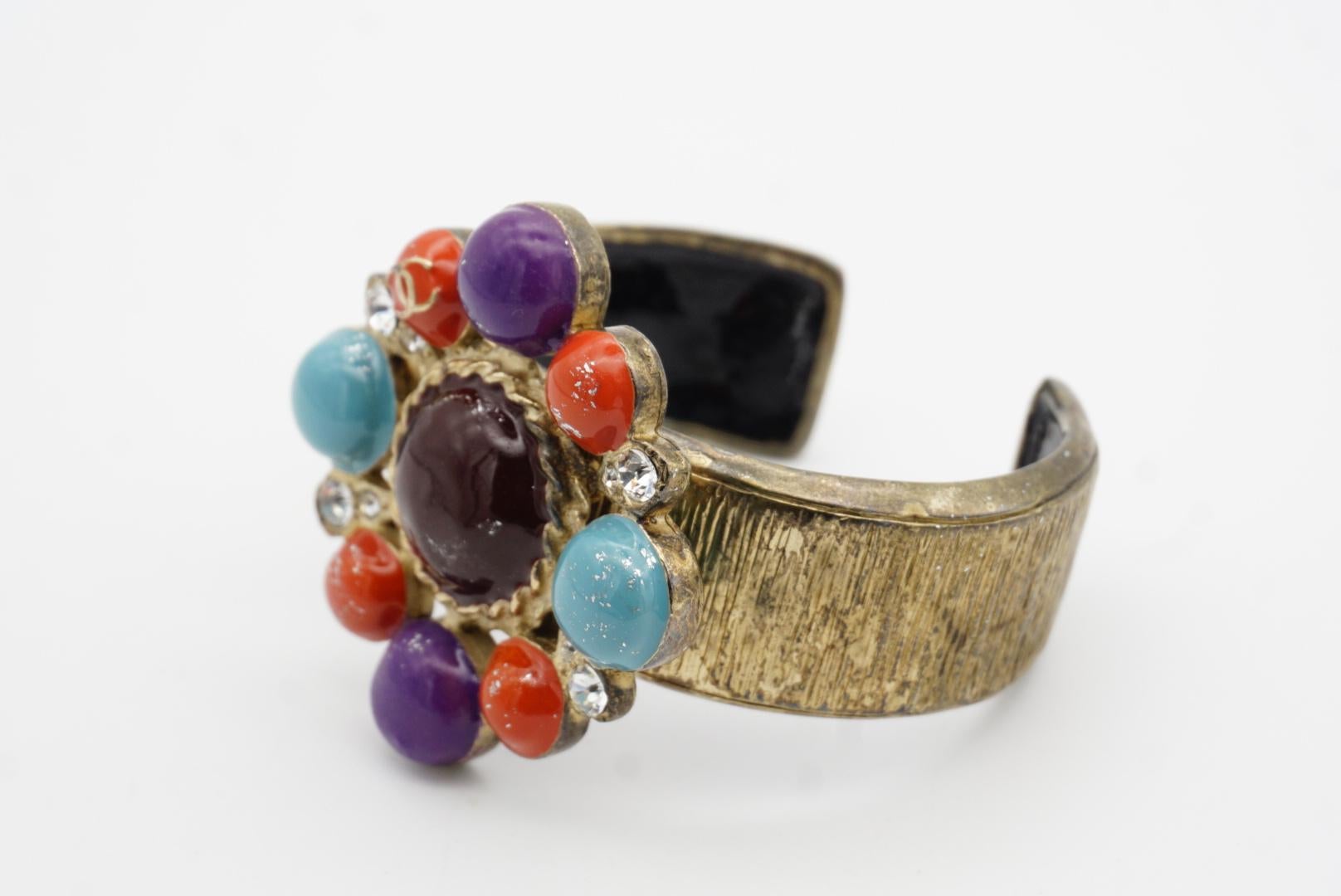 Chanel Vintage 1997 Maltese Cross CC Logo Crystals Turquoise Red Cuff Bangle For Sale 5