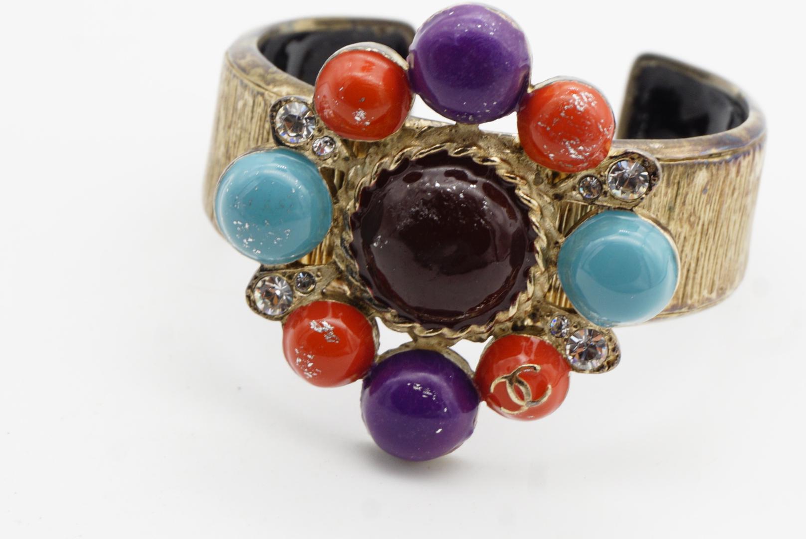 Chanel Vintage 1997 Maltese Cross CC Logo Crystals Turquoise Red Cuff Bangle For Sale 9