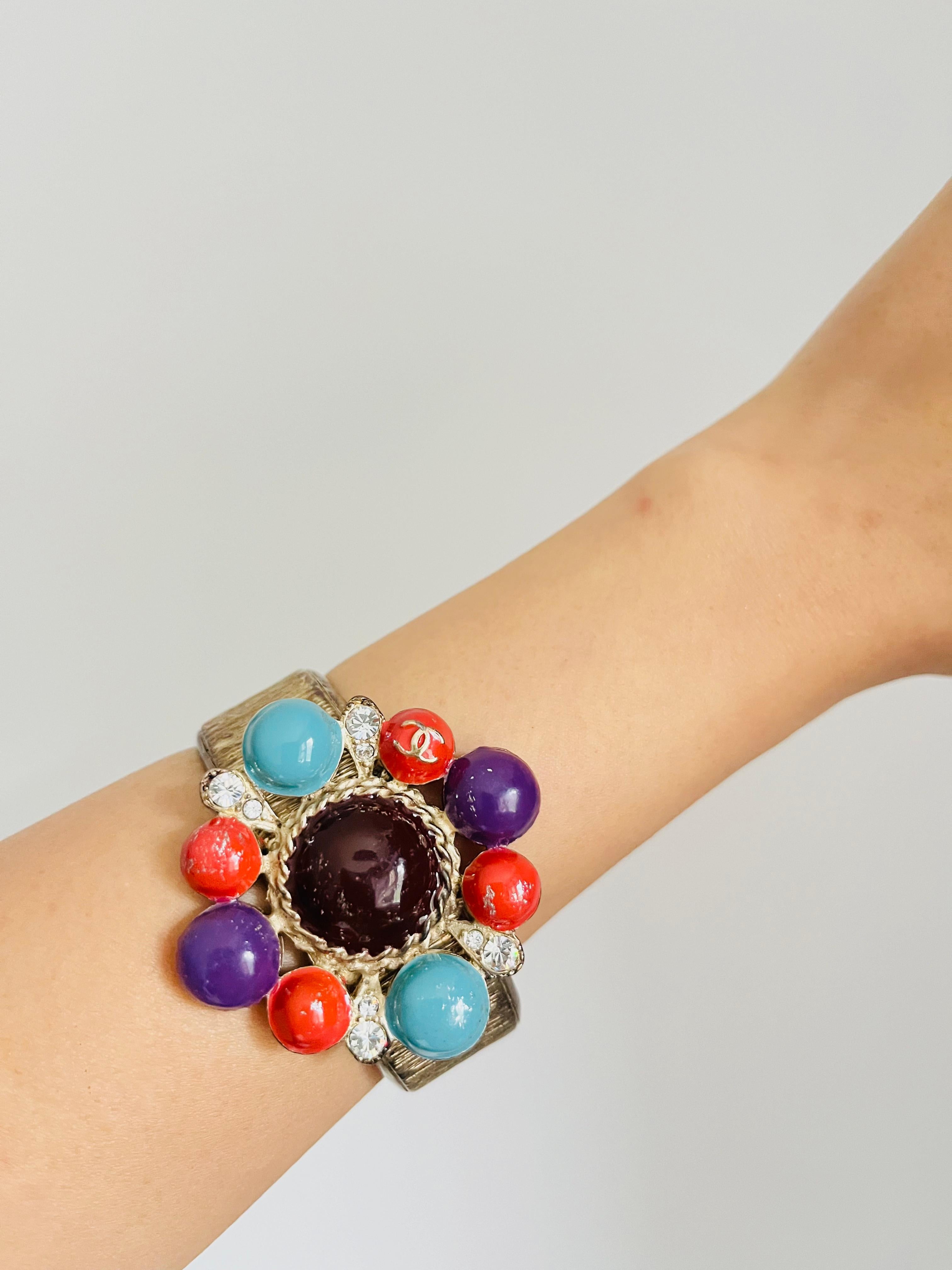 Chanel Vintage 1997 Maltese Cross CC Logo Crystals Turquoise Red Cuff Bangle For Sale 2