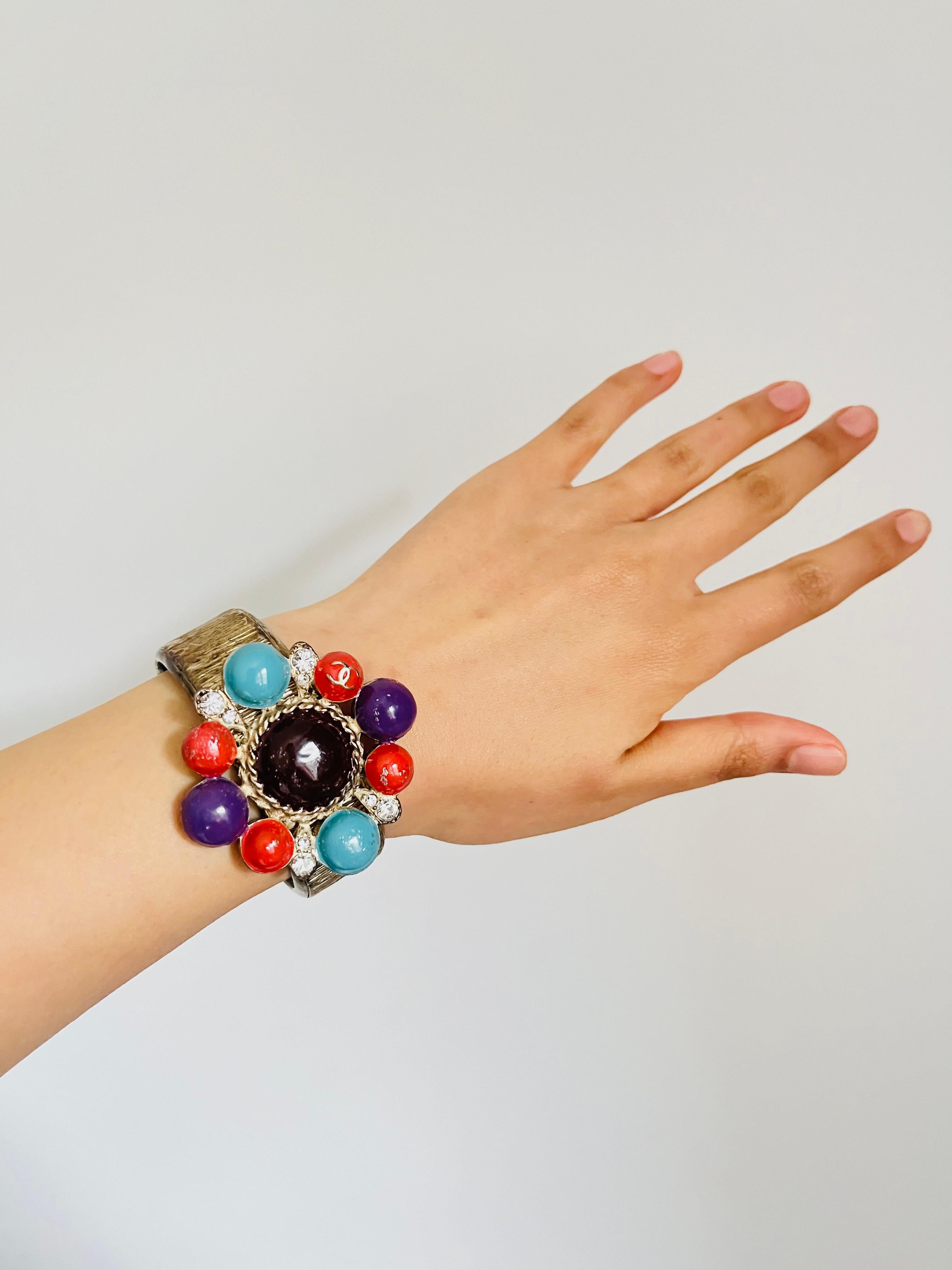 Chanel Vintage 1997 Maltese Cross CC Logo Crystals Turquoise Red Cuff Bangle For Sale 3