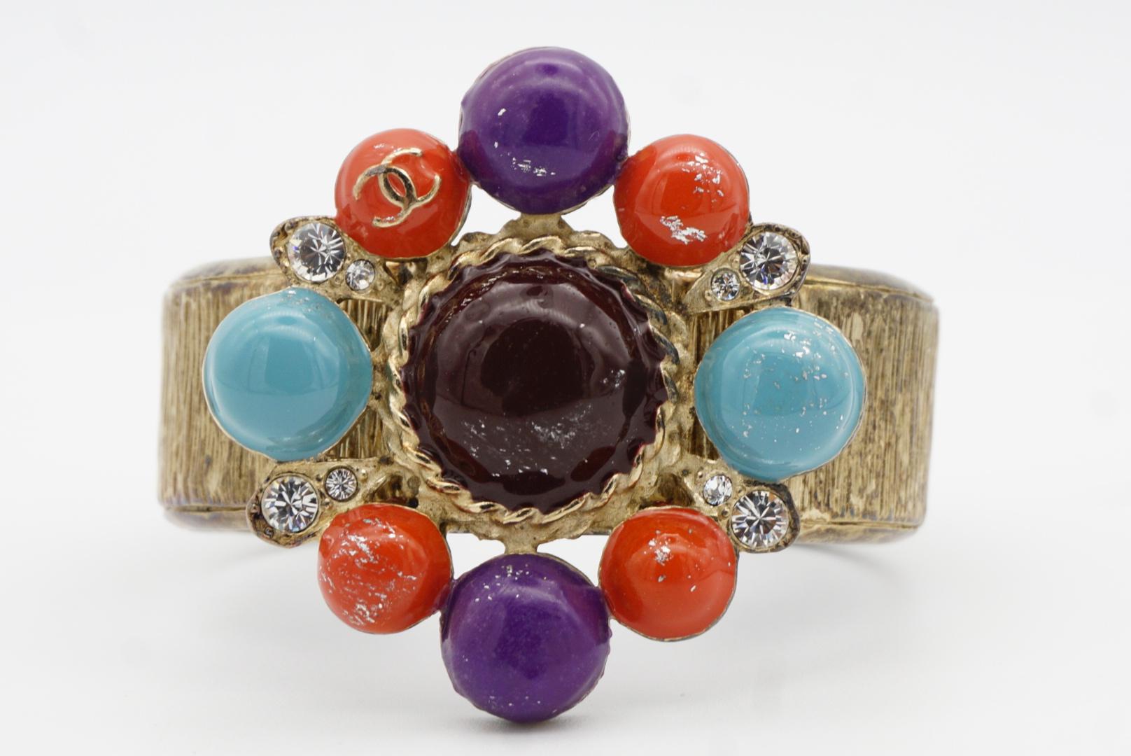 Chanel Vintage 1997 Maltese Cross CC Logo Crystals Turquoise Red Cuff Bangle For Sale 4