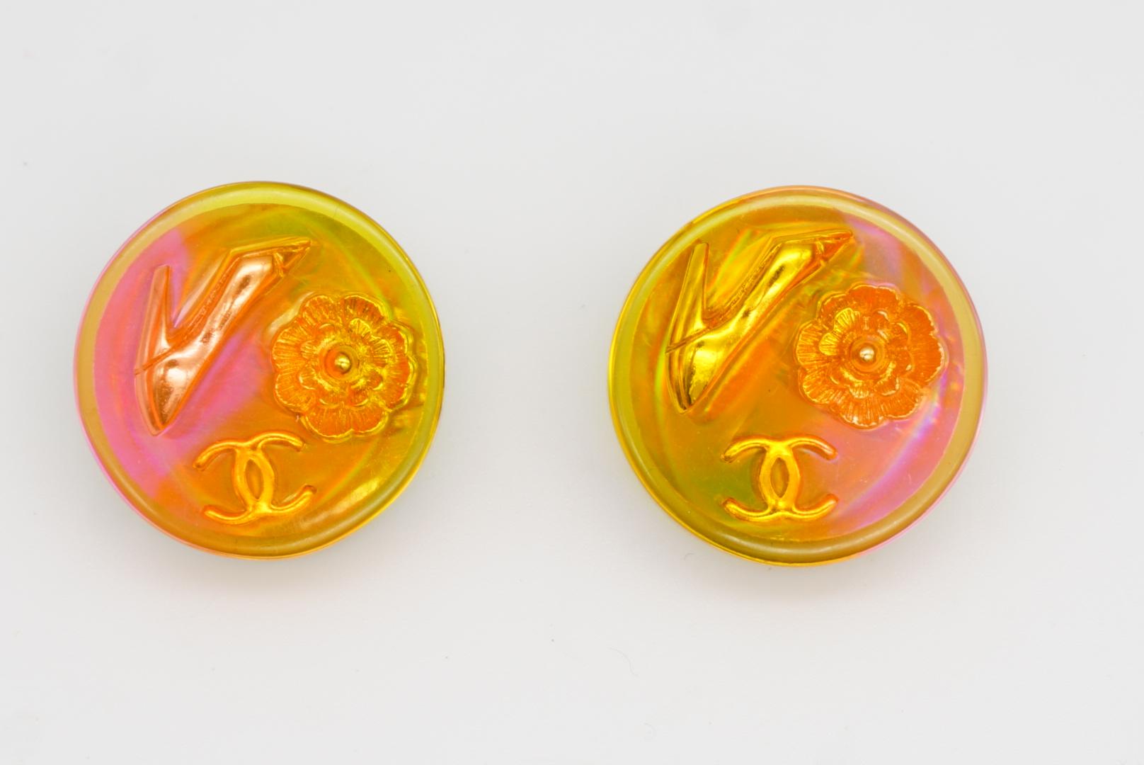 Chanel Vintage 1997 Orange Aurora Logo CC Camellia Heels Round Clip Earrings For Sale 5