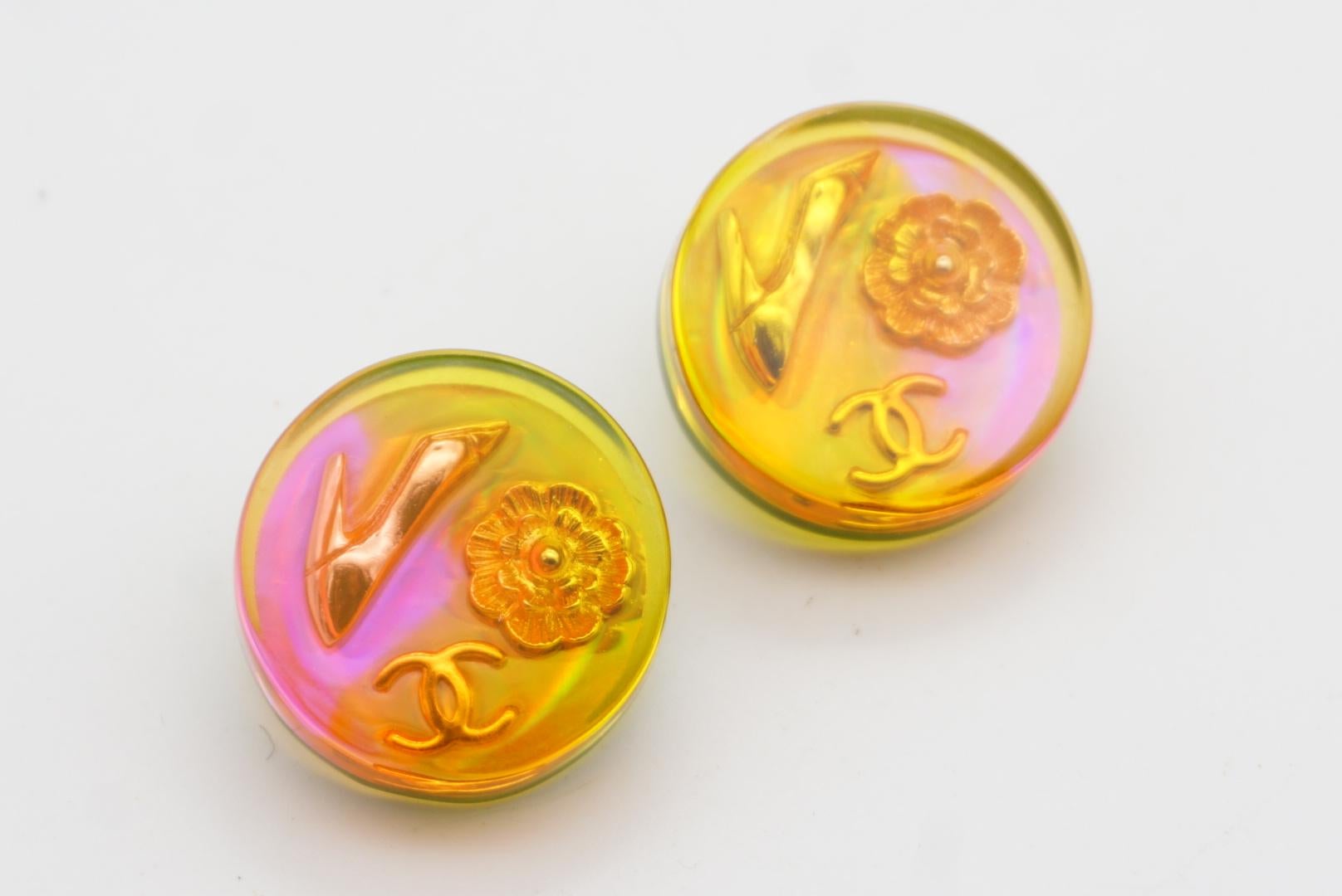Chanel Vintage 1997 Orange Aurora Logo CC Camellia Heels Round Clip Earrings For Sale 6