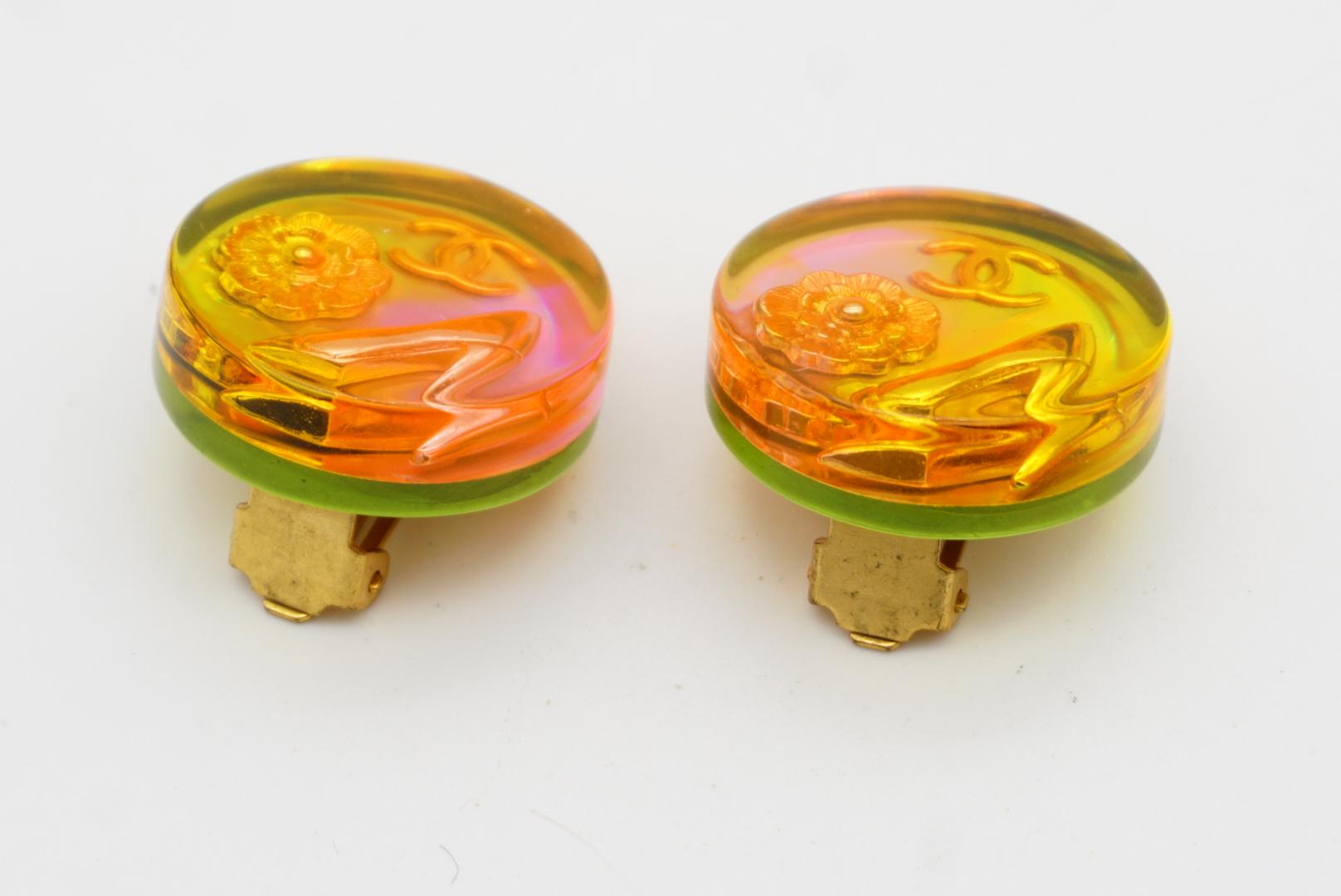 Chanel Vintage 1997 Orange Aurora Logo CC Camellia Heels Round Clip Earrings For Sale 7