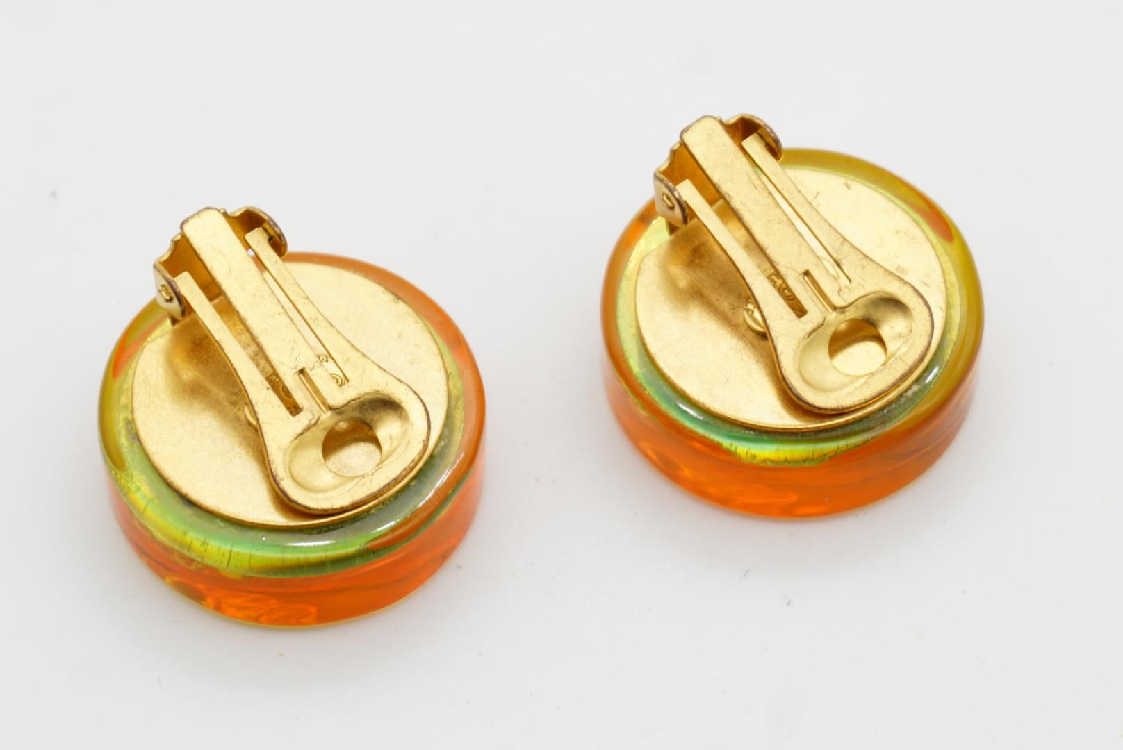 Chanel Vintage 1997 Orange Aurora Logo CC Camellia Heels Round Clip Earrings For Sale 8