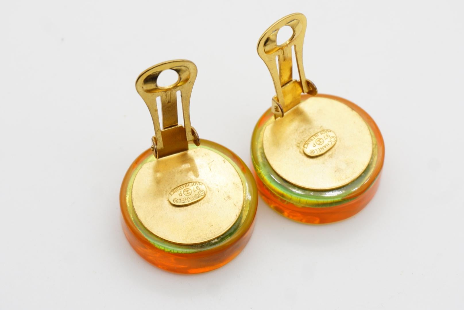 Chanel Vintage 1997 Orange Aurora Logo CC Camellia Heels Round Clip Earrings For Sale 9