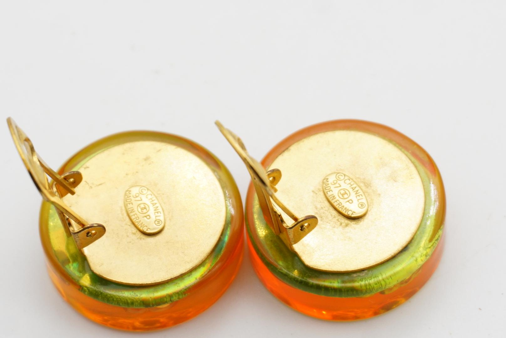 Chanel Vintage 1997 Orange Aurora Logo CC Camellia Heels Round Clip Earrings For Sale 10