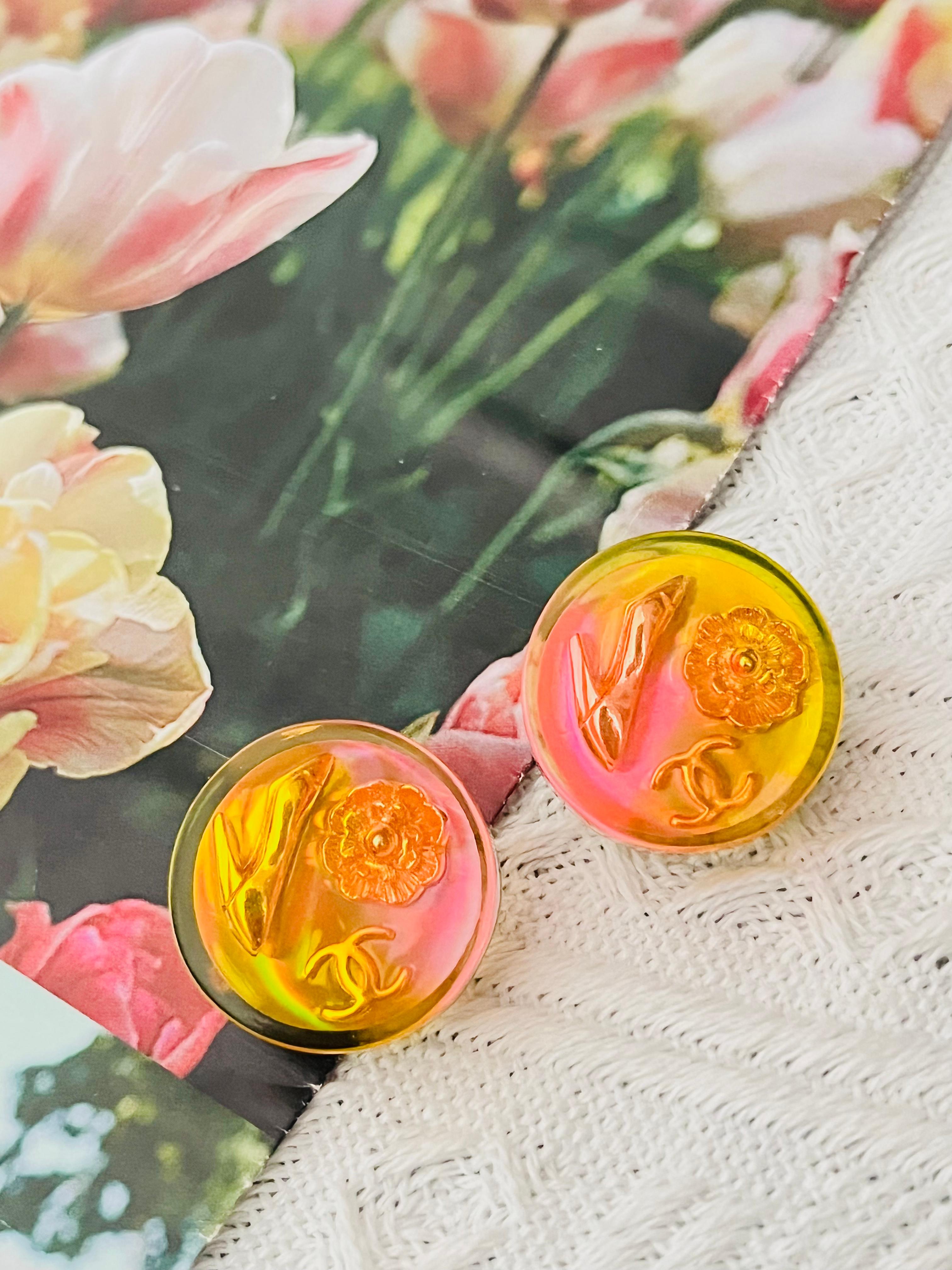 Art Deco Chanel Vintage 1997 Orange Aurora Logo CC Camellia Heels Round Clip Earrings For Sale