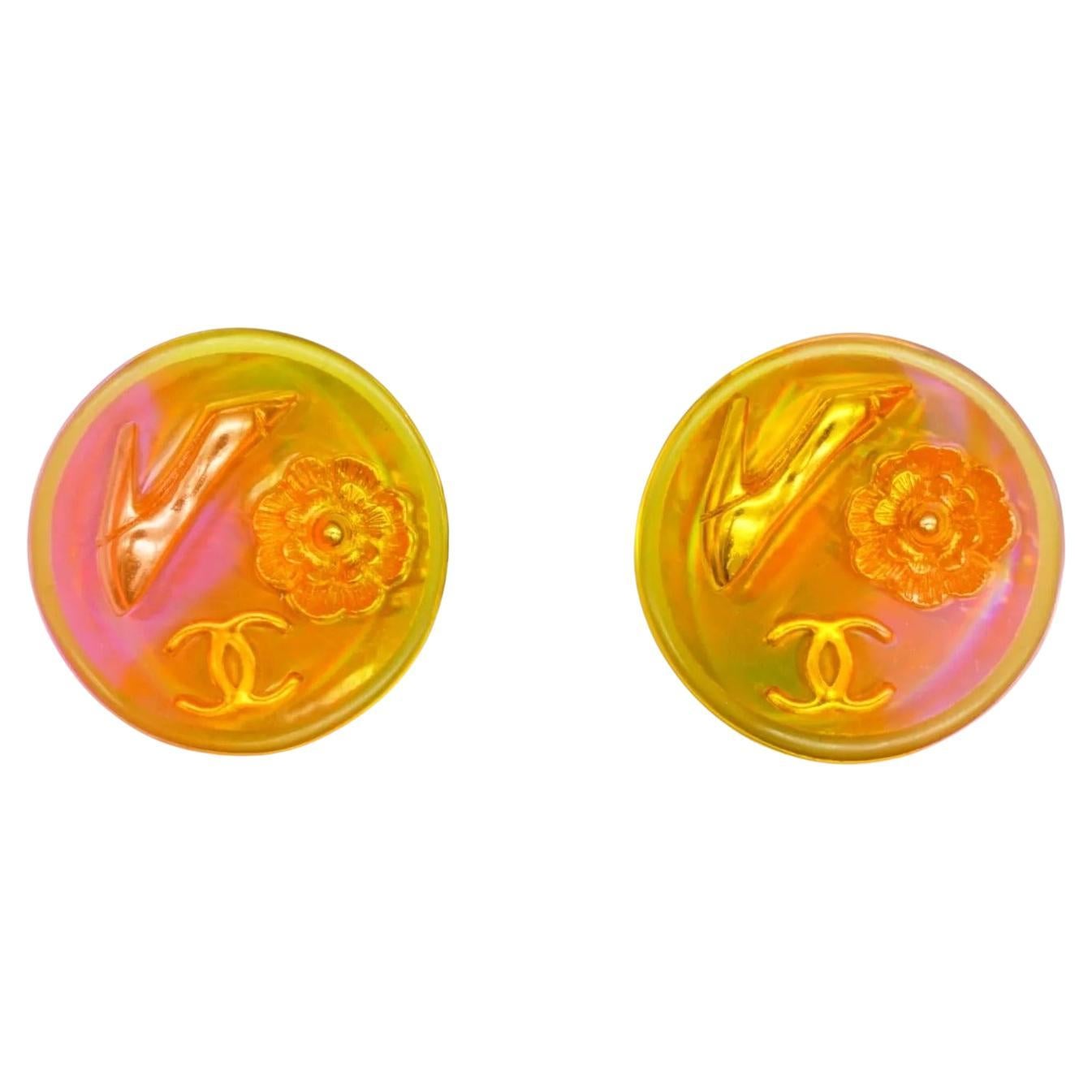 Chanel Vintage 1997 Orange Aurora Logo CC Camellia Heels Round Clip Earrings For Sale