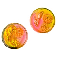 Chanel Vintage 1997 Orange Camellia Aurora Logo CC Heels Round Gold Earrings