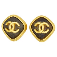Chanel Vintage 1997 Rare Gold Brown Black Diamond Logo CC Coco Chunky Earrings