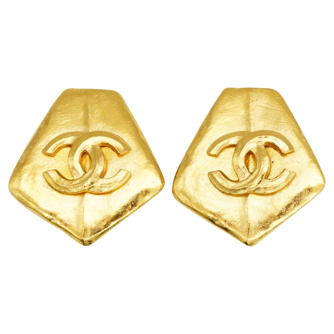 Chanel Vintage 1998 CC Coco Logo Abnormal Pentagon Geometric Gold Clip Earrings