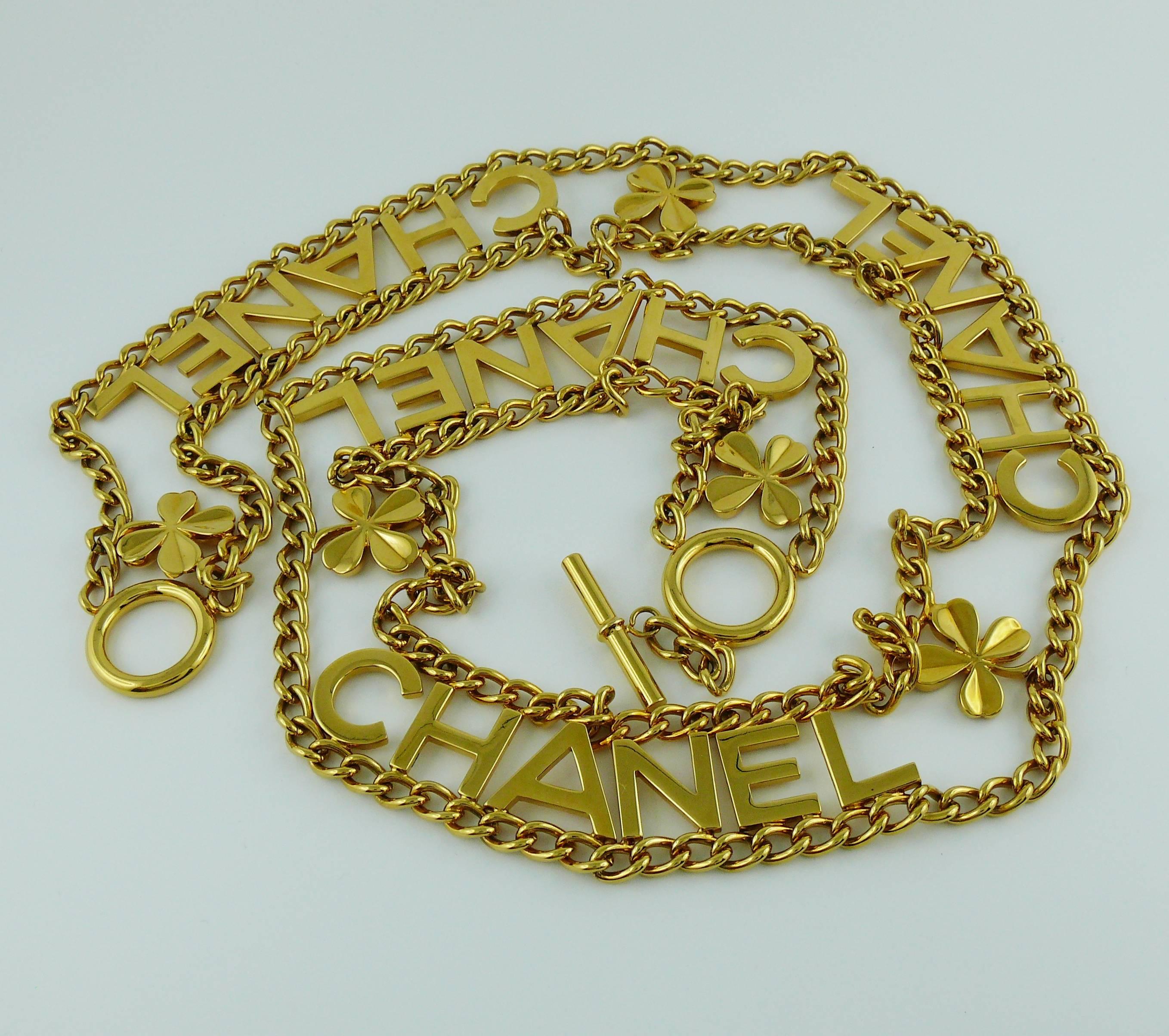 Chanel Vintage Gold Toned Chain Belt with Chanel Letters and Clovers, 1998  In Excellent Condition In Nice, FR