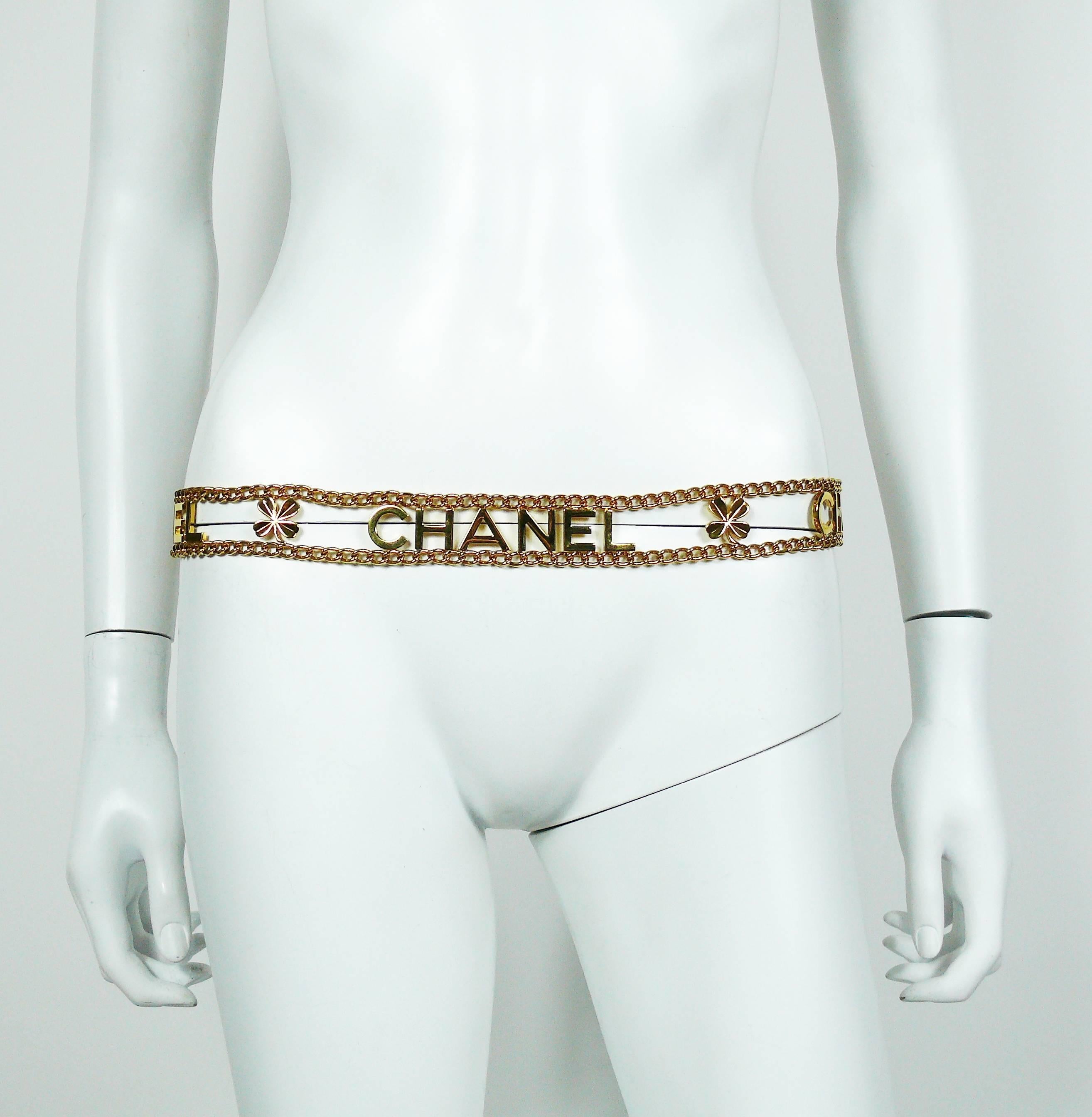 Women's Chanel Vintage Gold Toned Chain Belt with Chanel Letters and Clovers, 1998 