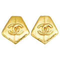 Chanel Vintage 1998 Rare Gold Abnormal Pentagon Geometric CC Coco Earrings