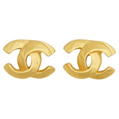 Chanel Vintage 2000 Iconic Classic Gold Matte Logo CC Coco Openwork Earrings