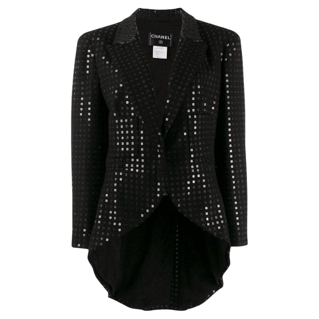 Chanel Vintage 2000s black wool sequined open frock jacket