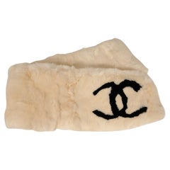 Chanel Vintage 2000's CC Logo Rabbit Fur Shawl Neck Head Scarf White Tan Black