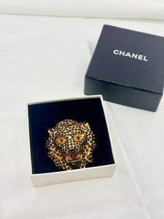 Chanel Vintage 2001 Lion Head Black Crystals Logo CC Gold Brooch