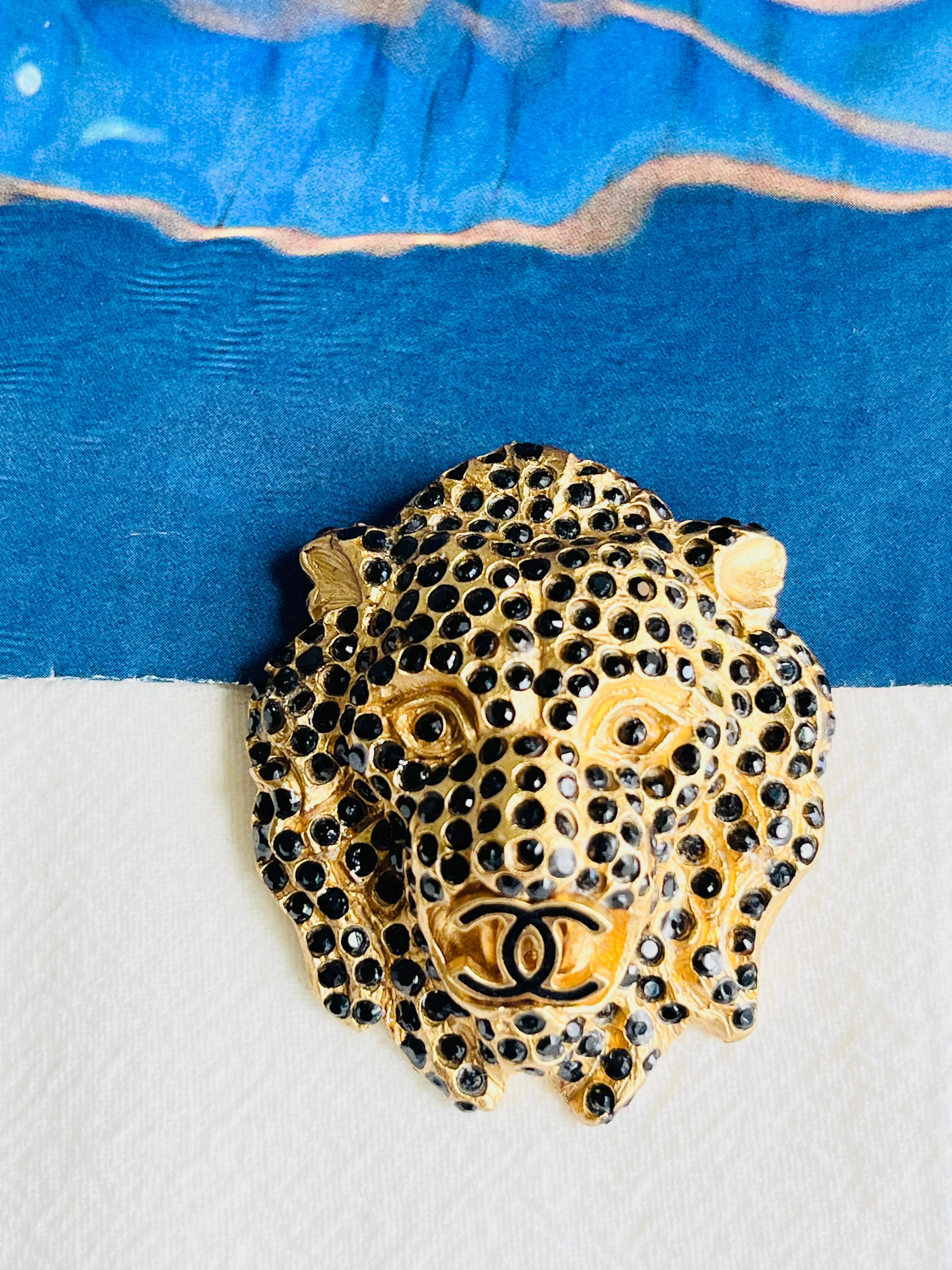 Art Deco Chanel Vintage 2001 Lion Head Black Crystals Logo Coco CC Gold Brooch Pendant