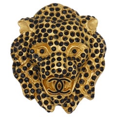 Chanel Vintage 2001 Lion Head Logo Coco CC Black Crystals Gold Brooch Pendant