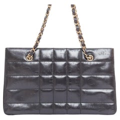 CHANEL Vintage 2002 Chocolate Bar black leather logo embossed chain tote bag