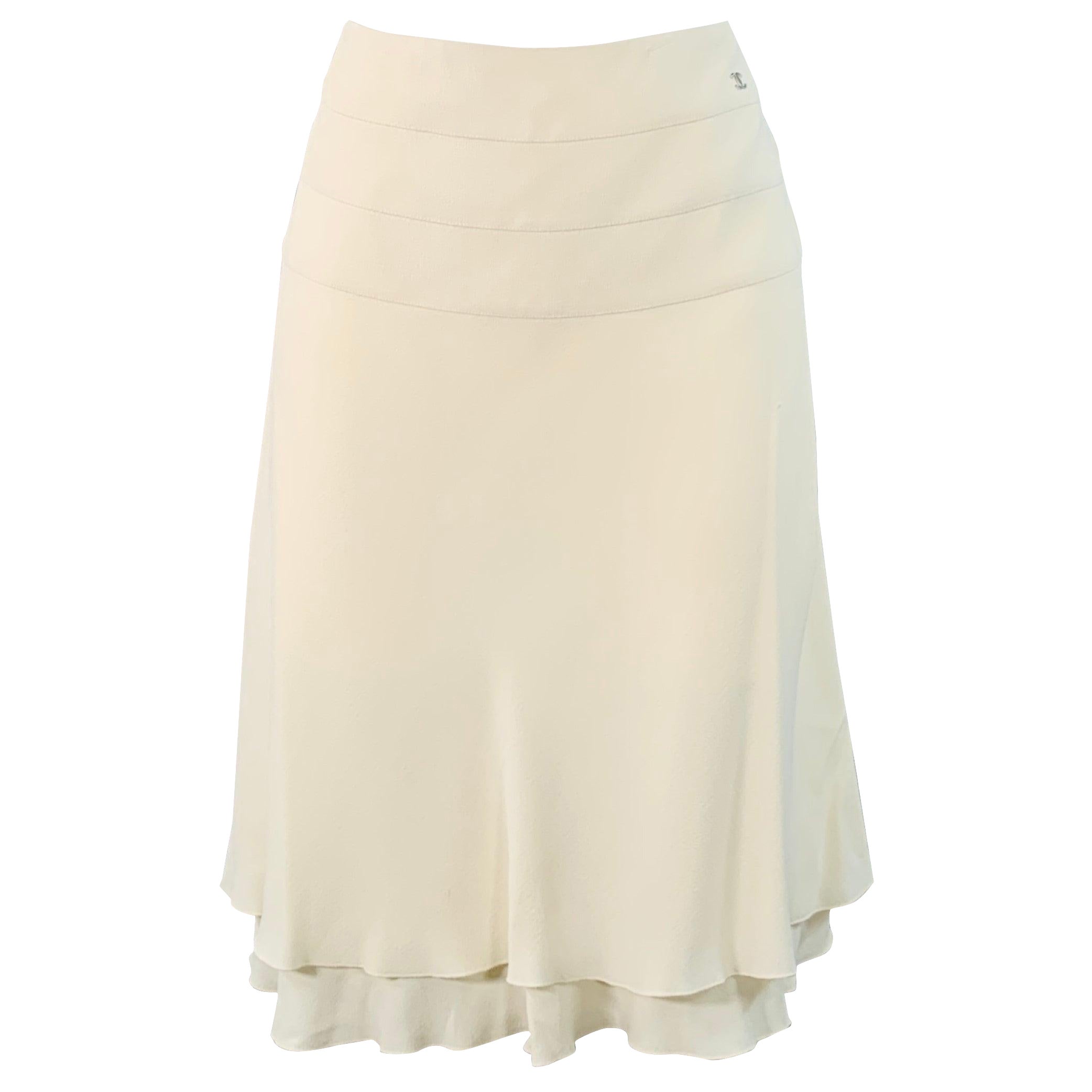CHANEL Vintage 2003 Talla 8 Crema Mezcla de Acetato Tulipán con volantes Falda por debajo de la rodilla