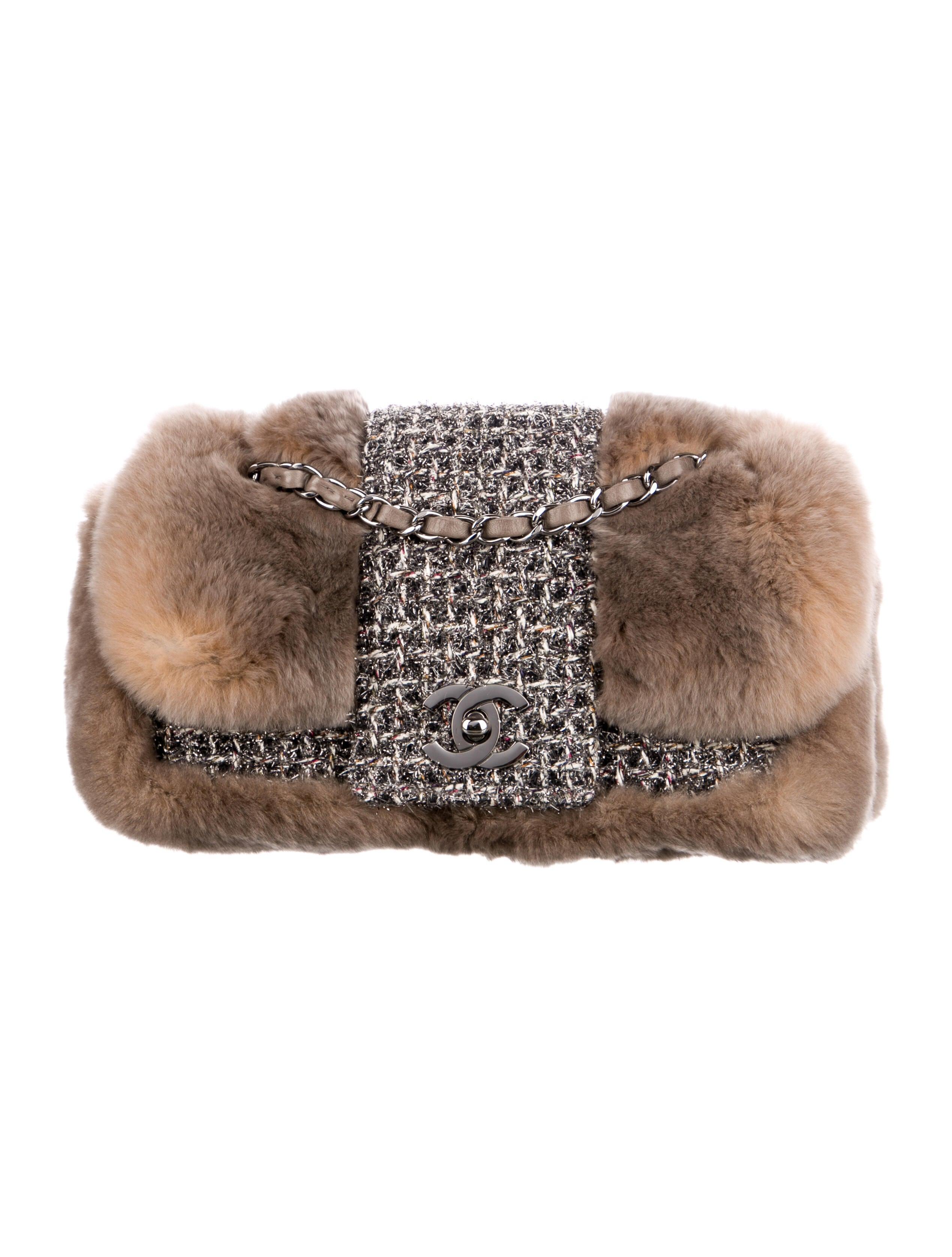 Women's or Men's Chanel  Vintage 2005 Classic Flap Grey Tweed and Brown Fur Cross Body Bag For Sale