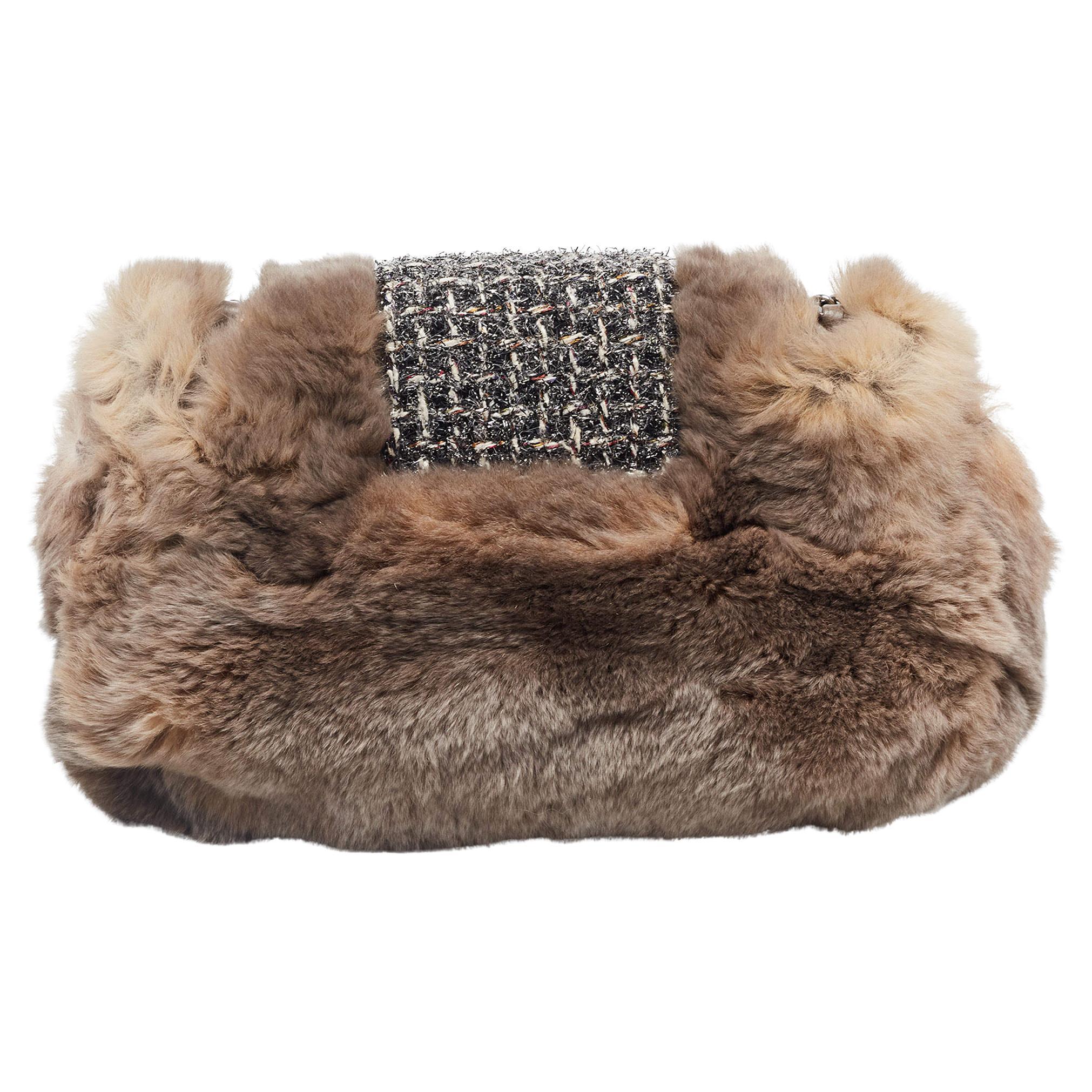 Chanel  Vintage 2005 Classic Flap Grey Tweed and Brown Fur Cross Body Bag For Sale 2