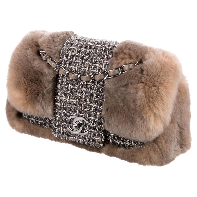 Chanel Vintage 2005 Classic Flap Grey Tweed and Brown Fur Cross Body Bag For  Sale at 1stDibs
