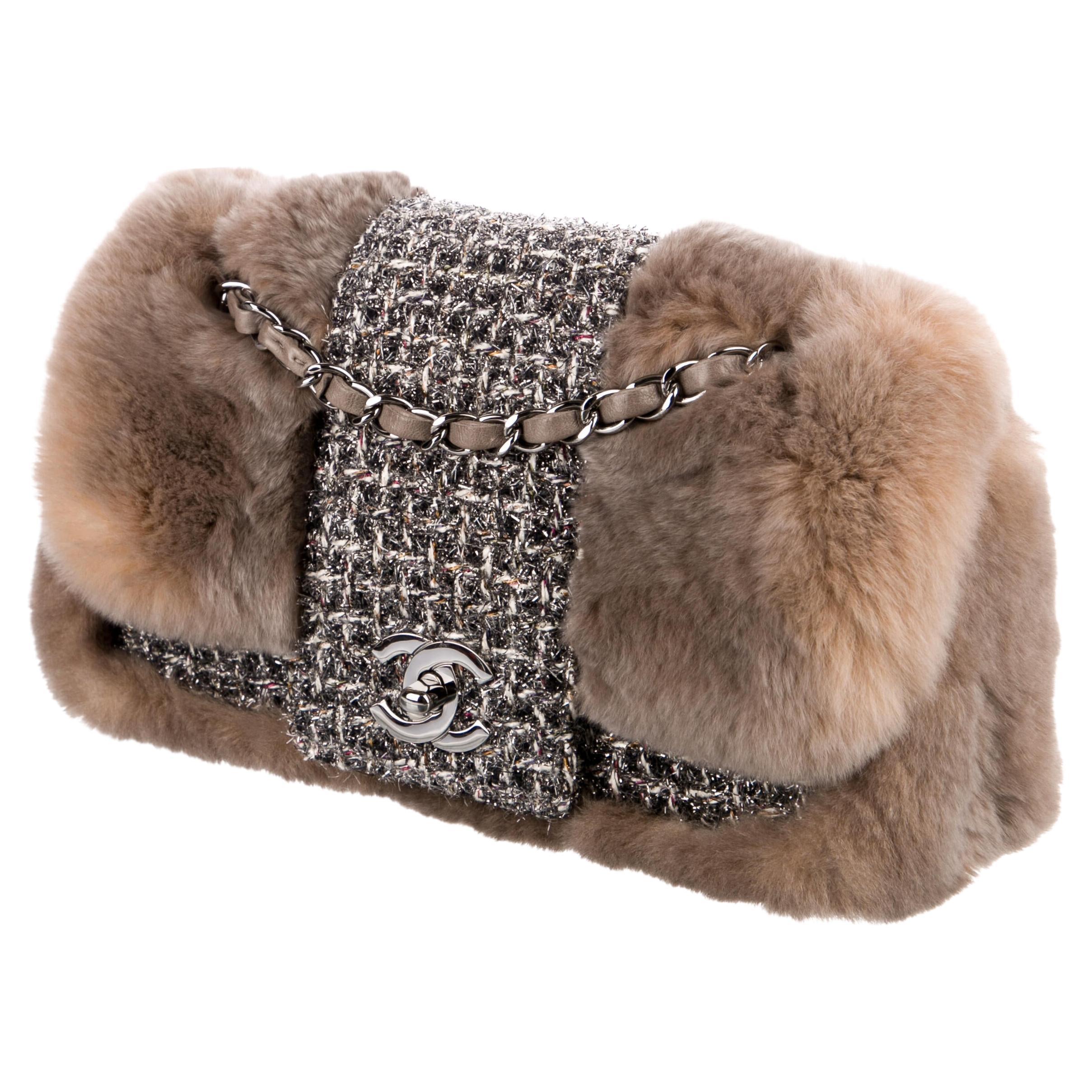 Chanel  Vintage 2005 Classic Flap Grey Tweed and Brown Fur Cross Body Bag For Sale 3