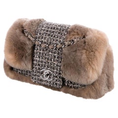 Chanel  Vintage 2005 Classic Flap Grey Tweed and Brown Fur Cross Body Bag
