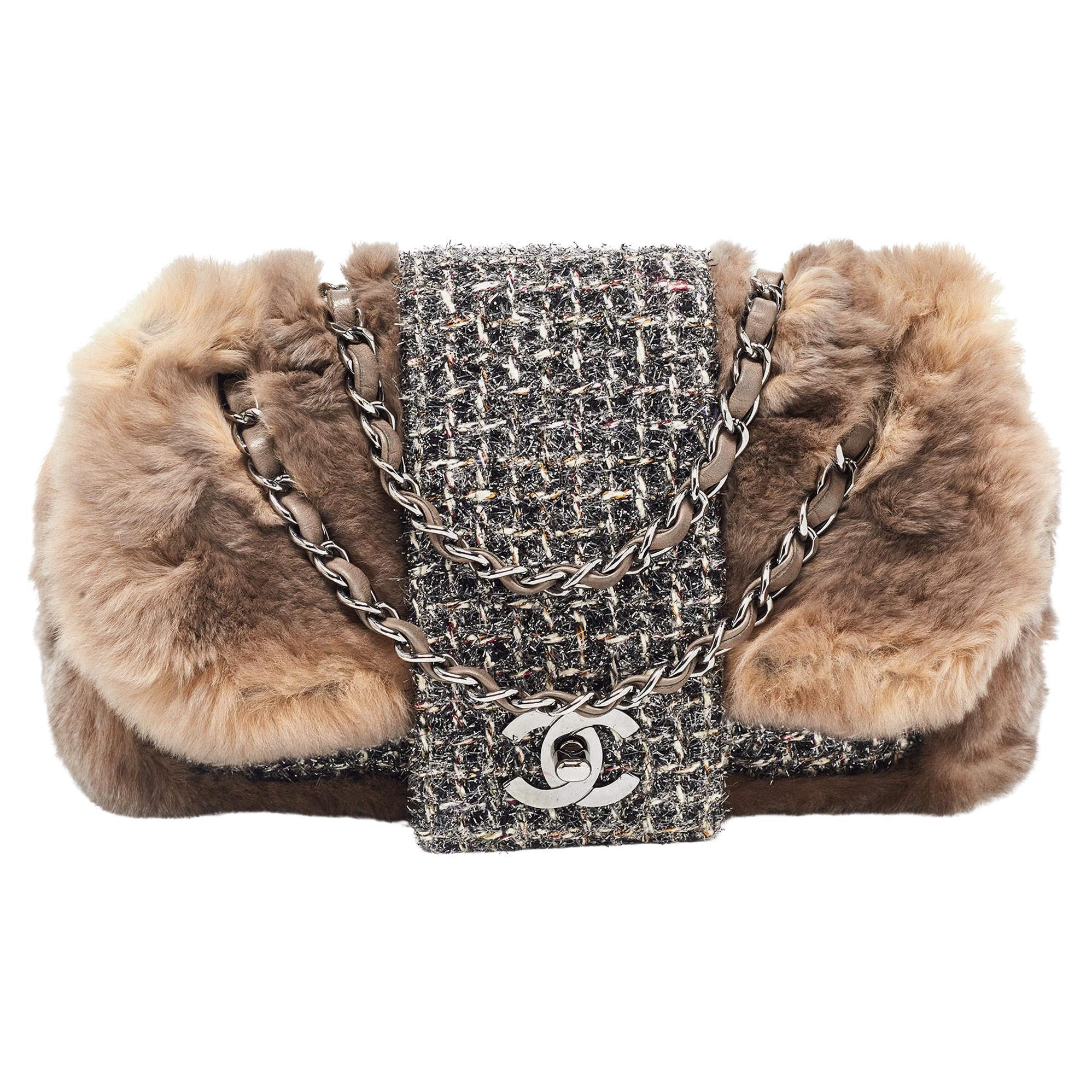 Chanel  Vintage 2005 Classic Flap Grey Tweed and Brown Fur Cross Body Bag For Sale