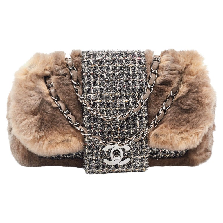 Chanel Vintage 2005 Classic Flap Grey Tweed and Brown Fur Cross