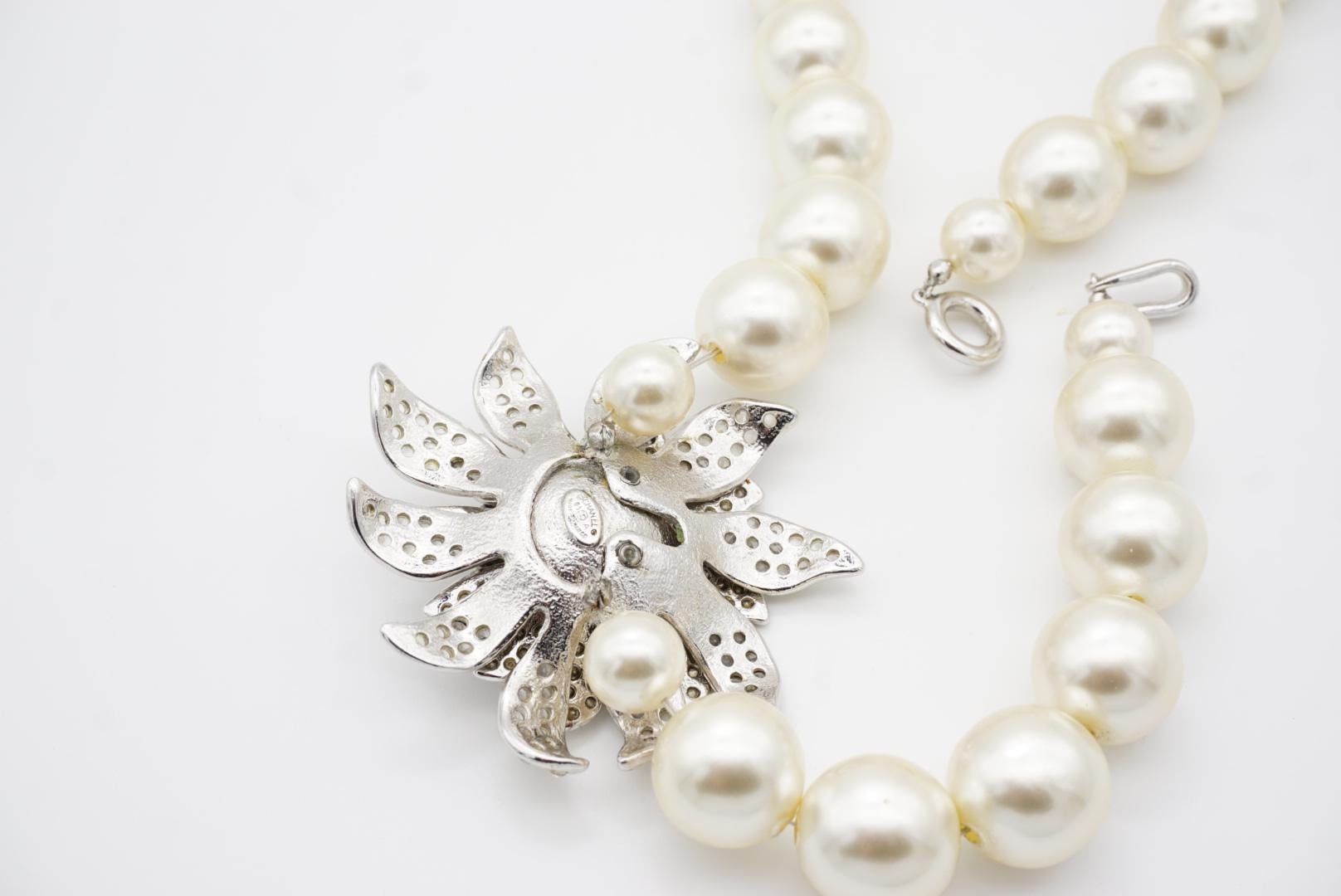 Chanel Vintage 2005 Large CC Logo Crystals Flower Blossom White Pearls Necklace 12