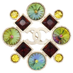 Chanel Vintage 2006 Aurora Yellow Crystals Logo Coco CC Openwork Chunky Brooch