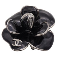 Chanel Vintage 2006 Black Camellia Flower Logo Coco CC Chunky Brooch Pendant