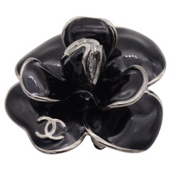 Chanel Vintage 2006 Black Camellia Flower Logo Coco CC Chunky Brooch Pendant
