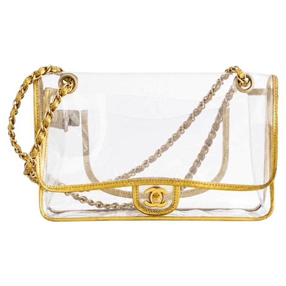Sac à rabat classique Chanel Vintage 2006, en PVC transparent doré, modèle « Naked »