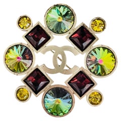 Chanel Vintage 2006 Rare Aurora Green Purple Yellow Crystals CC Chunky Brooch