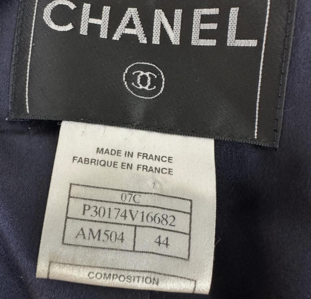 Chanel Vintage 2007 Bleu Silk Logo Veste Jupe Ensemble Sz.44 Pour femmes en vente