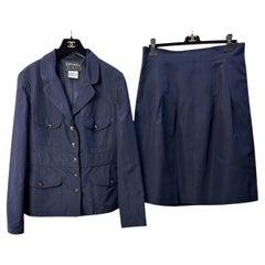 Chanel Vintage 2007 Bleu Silk Logo Veste Jupe Ensemble Sz.44