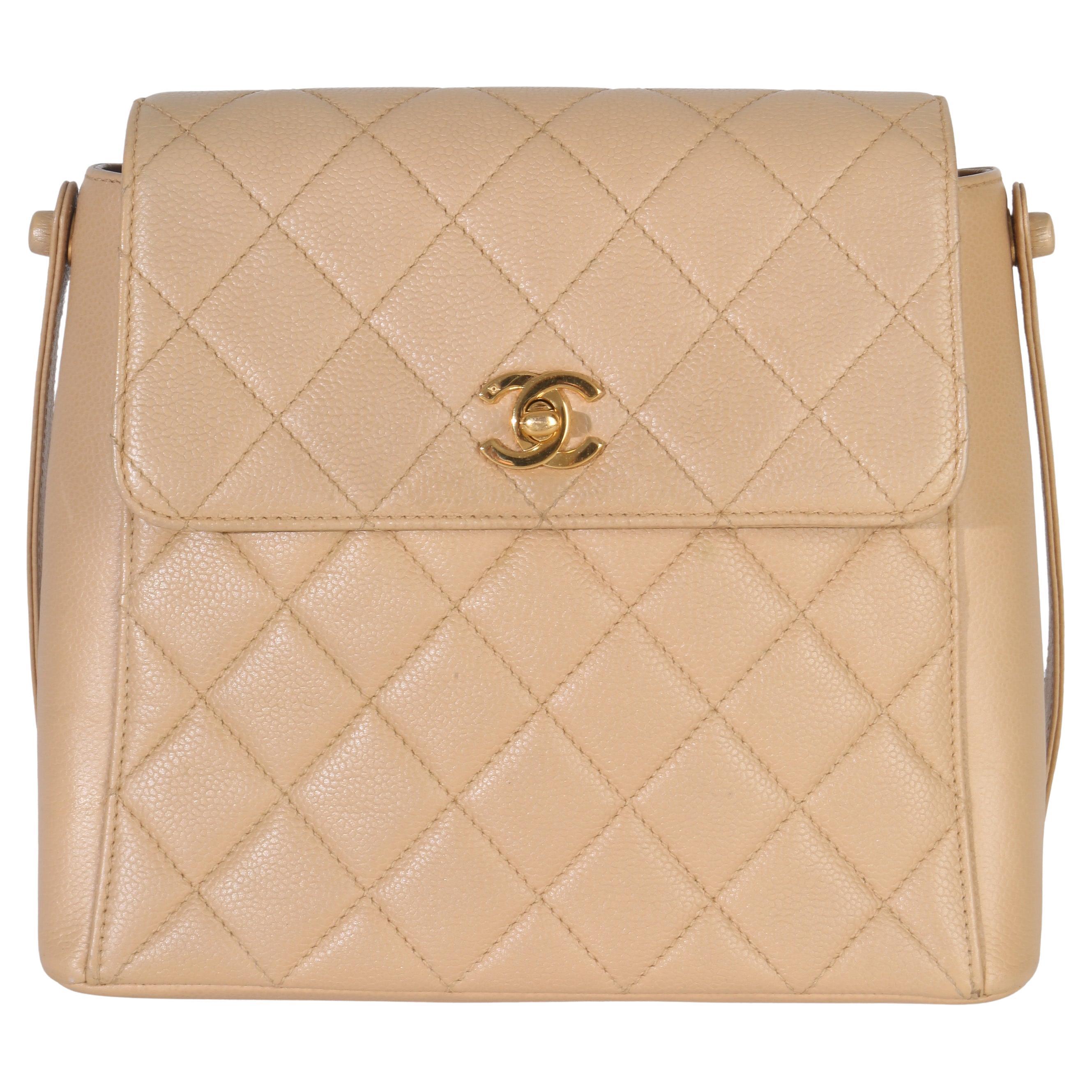 Chanel Vintage 24K Beige Quilted Caviar CC Shoulder Bag