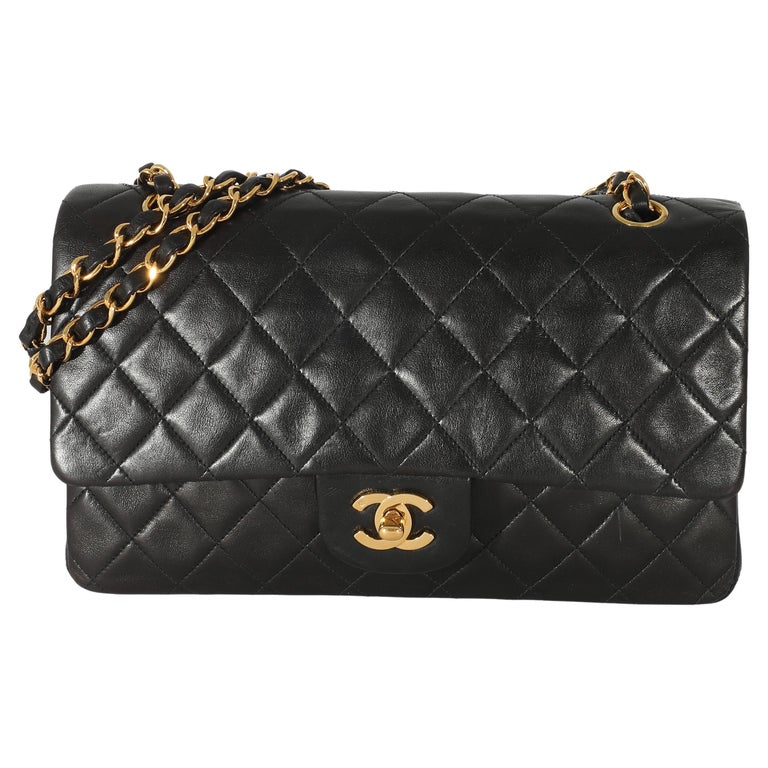 Chanel Vintage 24k Black Lambskin Medium Classic Double Flap Bag For Sale  at 1stDibs