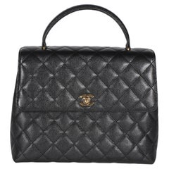 Chanel Vintage 24k Black Quilted Caviar Kelly Top Handle Bag