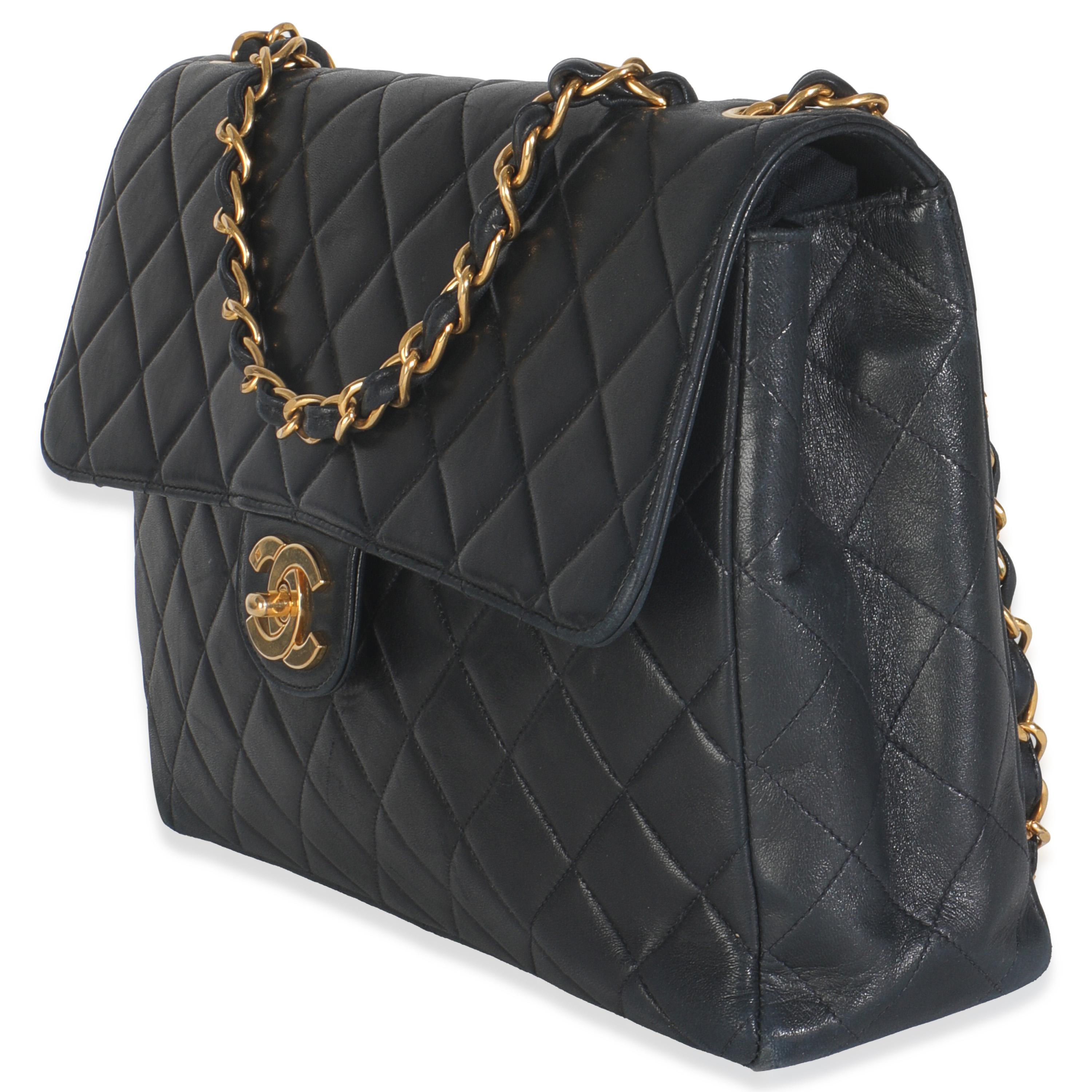 Chanel Vintage 24K Schwarz Gestepptes Lammfell Jumbo einzelne Klappe Tasche Damen im Angebot