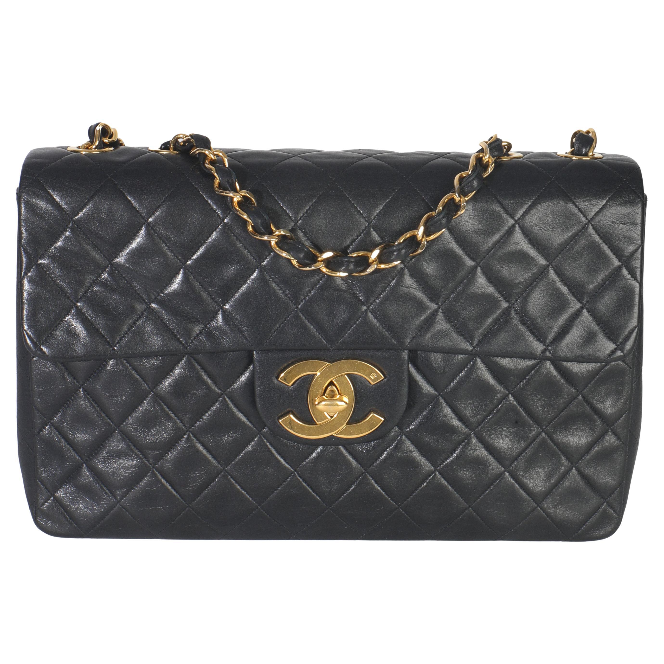 Chanel Vintage 24K Black Quilted Lambskin Jumbo Single Flap Bag
