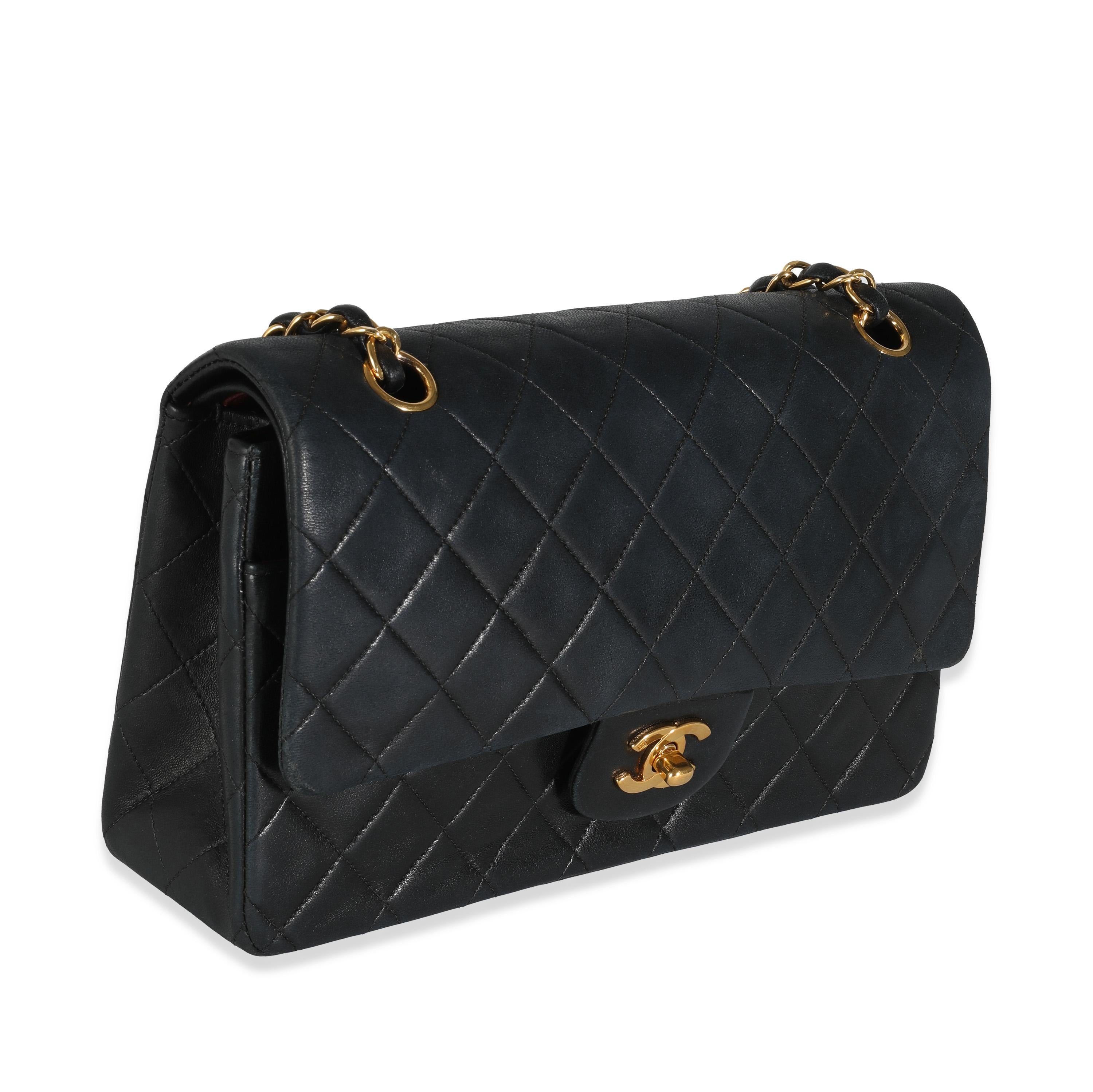 Chanel Vintage 24K Black Quilted Lambskin Medium Classic Double Flap Bag In Excellent Condition In New York, NY