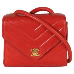 Chanel Vintage 24K Red Chevron Lambskin CC Square Flap Bag