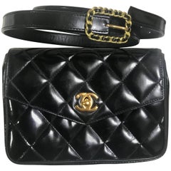 Chanel Vintage 2.55 black patent enamel fanny pack with chain buckle skinny belt